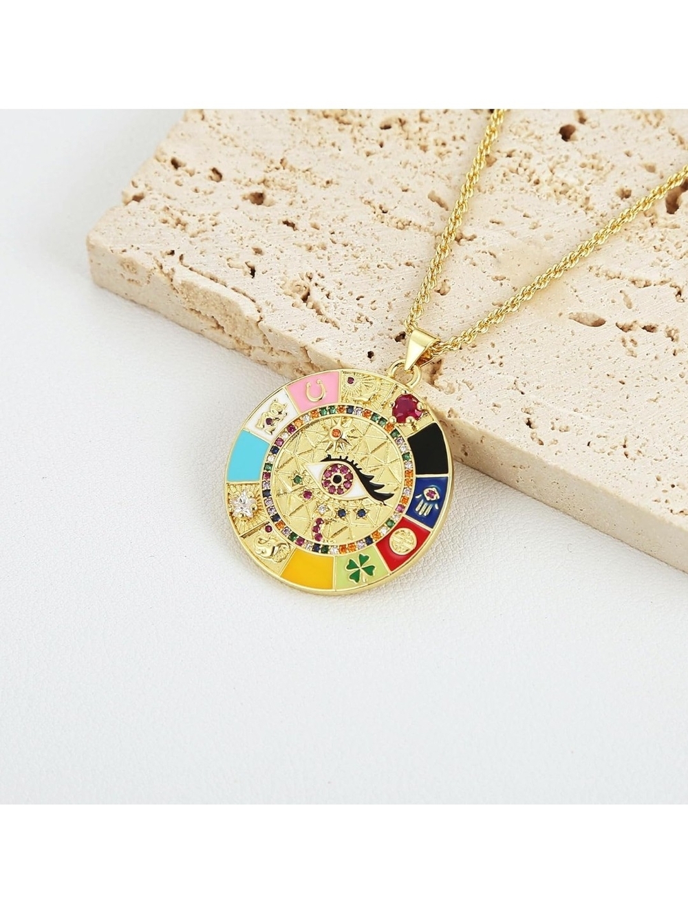 Gold Multi-Color Enamel Lucky Eye Pendant Necklace - Picture 6 of 7